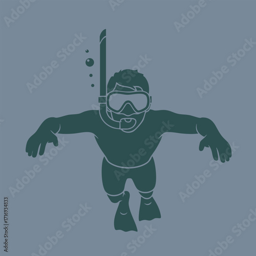 Silhouette of a snorkeler underwater wearing fins, mask, and snorkel with bubbles rising in the ocean