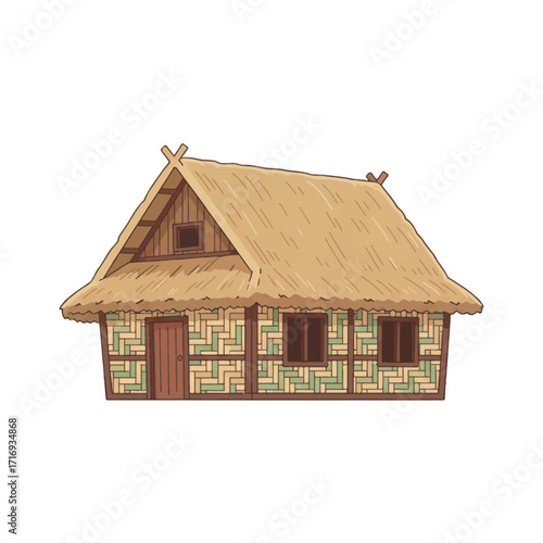 Isolated flat vector illustration of a traditional village house with a thatched roof and wooden walls. A clean, minimalist design with an earthy color palette, perfect for web or print.