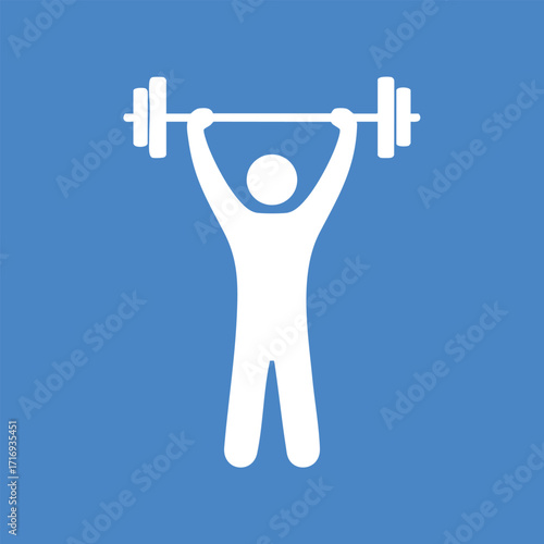 White silhouette of a person lifting a barbell overhead on a solid blue background representing strength and fitness