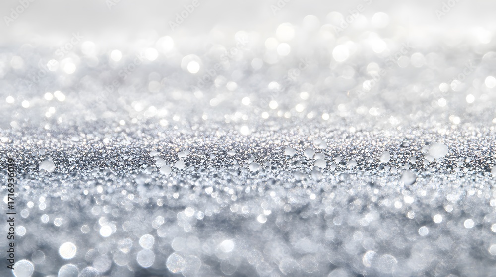 Fototapeta premium A sophisticated backdrop showcases a multitude of shimmering, silver-toned sparkles and glistening water droplets, creating a captivating and elegant visual effect.