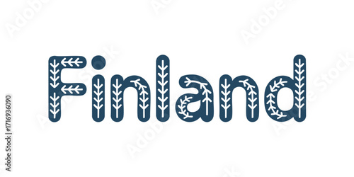 Finland Typography with Nordic Folk Floral Pattern, Blue Decorative Text Design Isolated on Transparent Background for Travel and Culture Concepts