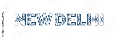 New Delhi Typography with Intricate Floral Line Art Design on Transparent Background – Modern Decorative City Name Illustration