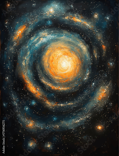 Vibrant Spiral Galaxy Abstract Painting, Glowing Cosmic Swirl, Star Field in Deep Space, Impressionist Art for Wall Decor