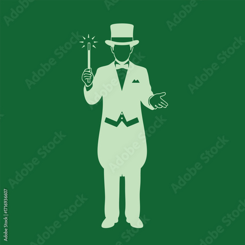 Silhouette of a magician in formal attire holding a sparkling wand performing a magic trick on green background