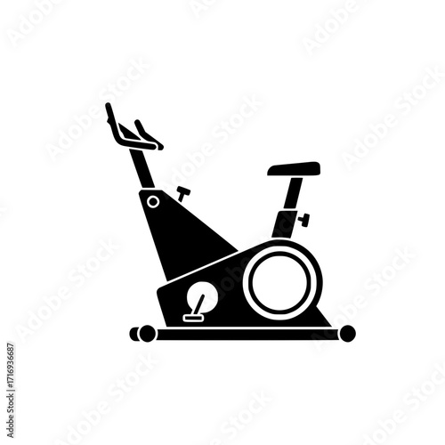 Black silhouette icon of stationary training bike for exercise, fitness, and cardio workout.