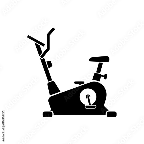 Black vector icon of gym exercise bike representing fitness, cardio training, and sports equipment.