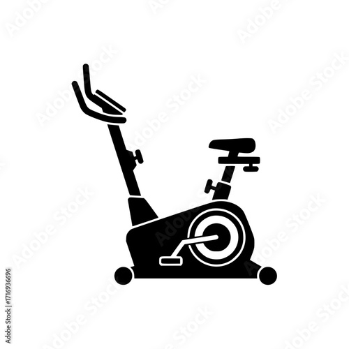 Black vector icon of stationary exercise bike for fitness, training, and gym workout equipment.
