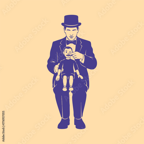Illustration of a man in formal attire manipulating a ventriloquist dummy puppet with a neutral background