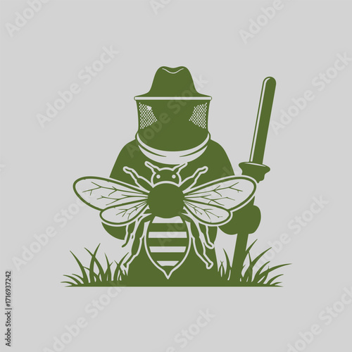 Illustration of a beekeeper in protective gear holding a tool with a large bee and grass on a plain background