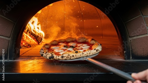 A Neapolitan pizza on a peel being taken out of a hot, wood-fired brick oven.