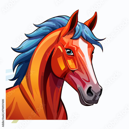 Magnifique illustration d'un cheval marron, portrait serré, coloré, fond blanc