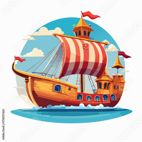 Sublime illustration d'un bateau ancien , style Caravelle, coque en bois, coloré dominante rouge, ciel bleu, dessin animé