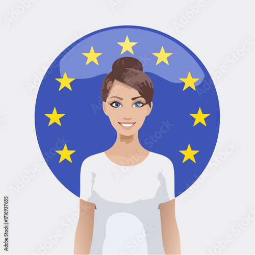 Jeune femme souriante devant un symbole européen, vêtue en blanc, cheveux attachés en chignon