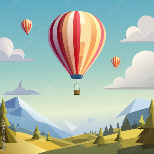 Jolie montgolfière en plein vol, rayée rouge et blanc, montagne, vallée, nature, plaisir, loisir, sensation