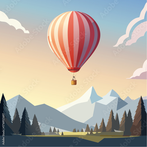 Jolie montgolfière en plein vol, rayée rouge et blanc, montagne, vallée, nature, plaisir, loisir, sensation