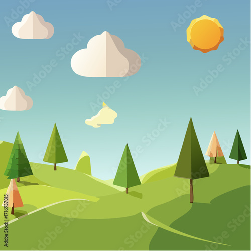 Paysage bucolique, campagne ,en 3D, simple, ciel bleu, nuages blancs, soleil, arbres et plaine, vallée