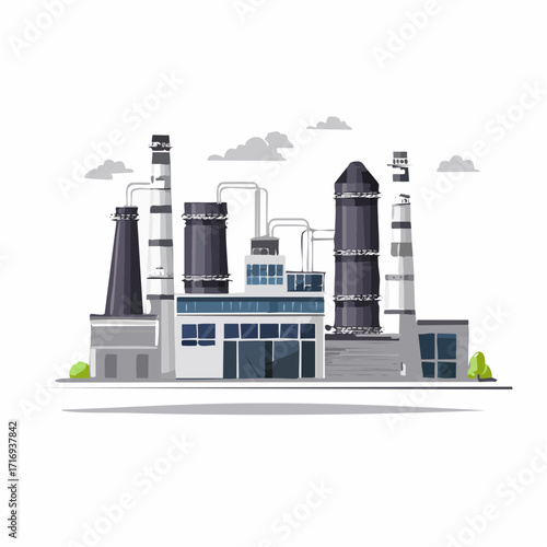 Magnifique dessin d'une usine, fond blanc, production, industriel, fabrication 