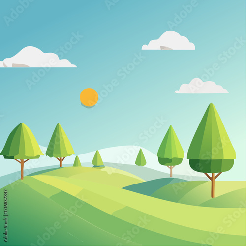 Paysage bucolique, campagne ,en 3D, simple, ciel bleu, nuages blancs, soleil, arbres et plaine, vallée