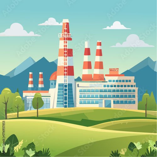 Usine en extérieur, nature, montagnes, campagne, cheminées, site de production ,site industriel