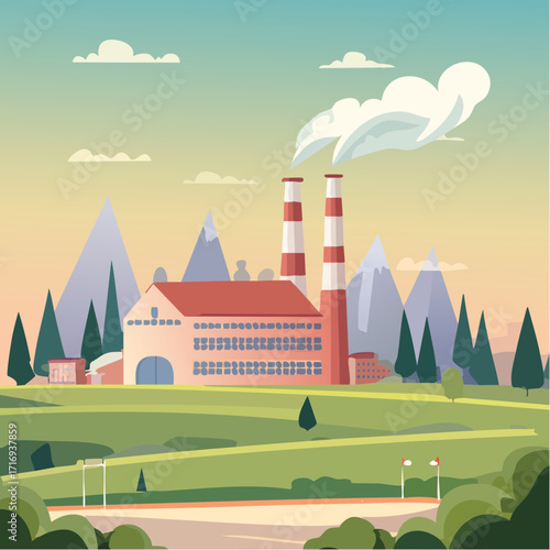 Usine en extérieur, nature, montagnes, campagne, cheminées, site de production ,site industriel