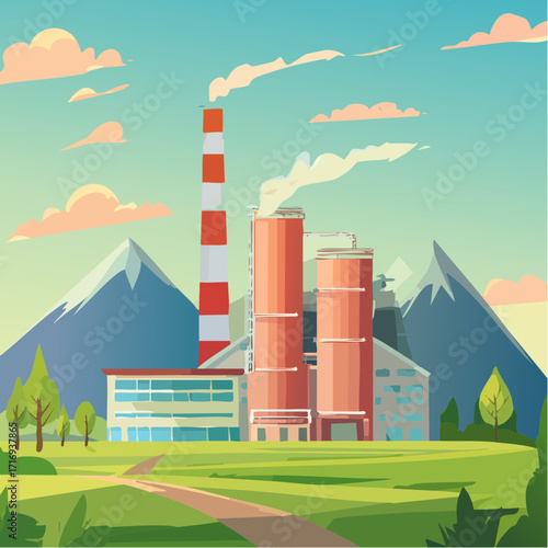 Usine en extérieur, nature, montagnes, campagne, cheminées, site de production ,site industriel