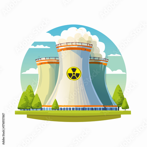 Centrale nucléaire avec cheminées, extérieur, nature, arrière plan blanc