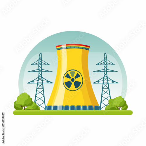 Centrale nucléaire avec cheminées, extérieur, nature, arrière plan blanc