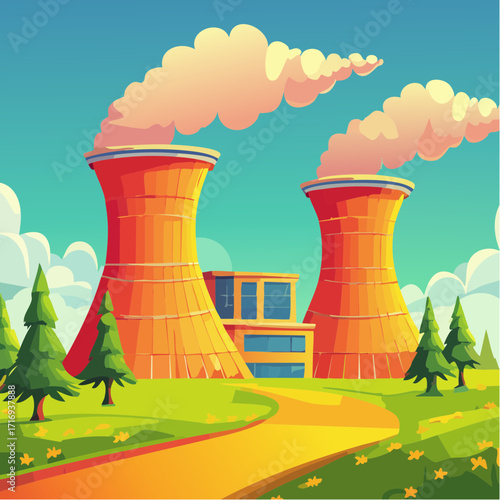 Centrale nucléaire avec cheminées, extérieur, nature