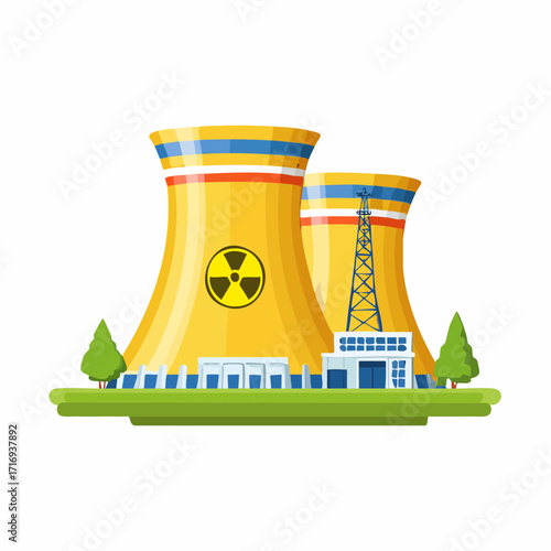 Centrale nucléaire avec cheminées, extérieur, nature, arrière plan blanc