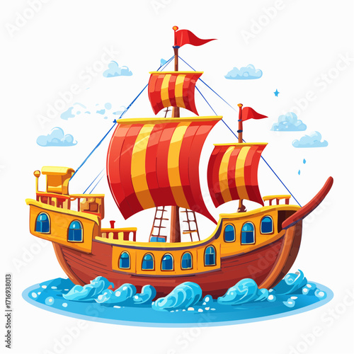 Jolie illustration d'un bateau en bois ancien, trois voiles, rouge et doré, enfantin, magnifique
