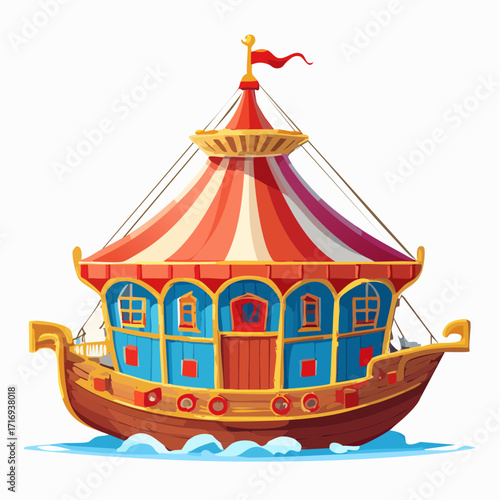 Illustration enfantine, un cirque sur un bateau en bois