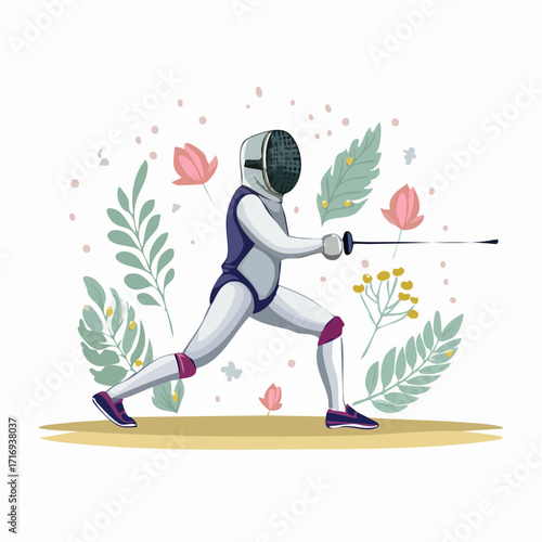 Illustration escrimeur sur fond blanc, fleuret, épée, action