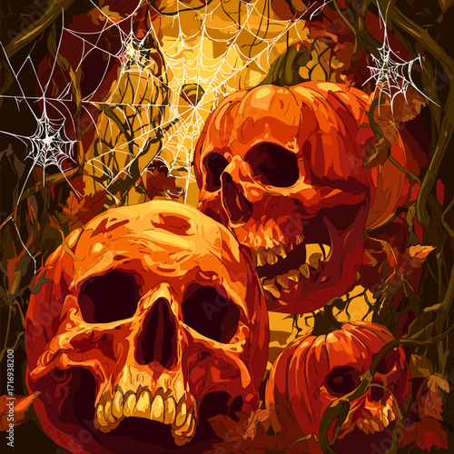 This eerie Halloween scene features a dark, haunted house under the glow of a full moon. A swarm of bats flies across the sky, silhouetted against the orange and blue hues. The house, with glowing win