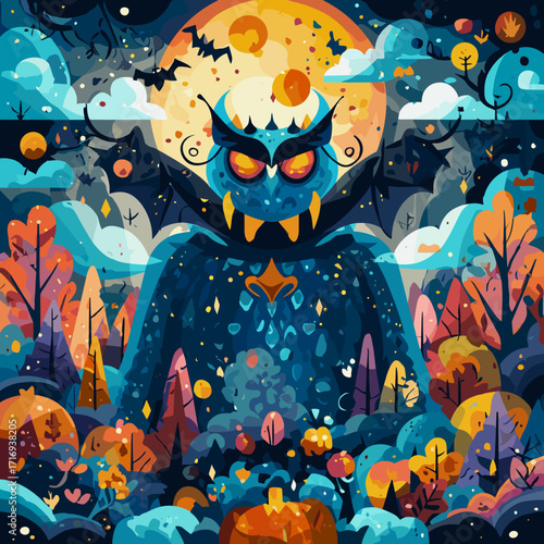 This eerie Halloween scene features a dark, haunted house under the glow of a full moon. A swarm of bats flies across the sky, silhouetted against the orange and blue hues. The house, with glowing win