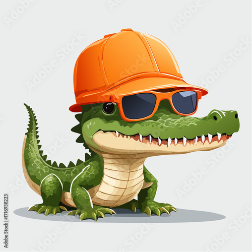 Crocodile amusant, badasse, casquette et lunette de soleil oranges, isolé sur fond blanc