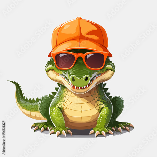 Crocodile amusant, casquette et lunette de soleil oranges, arrière plan blanc