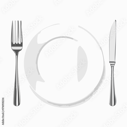 Couverts en argent ou métal, assiette en porcelaine blanche, fond blanc, classique