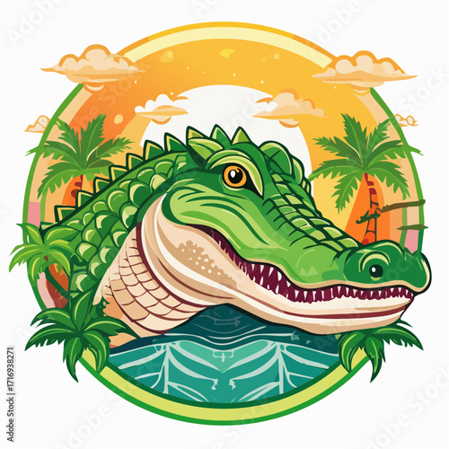Crocodile, illustration colorée, badasse, cool, isolé, ïle en arrière plan, palmiers, soleil