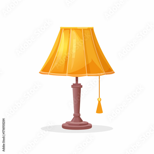 Jolie lampe de table ou de chevet, ancienne, avec interrupteur à tirette, abat-jours jaune orangé, pied en bois sculpté, fond blanc 