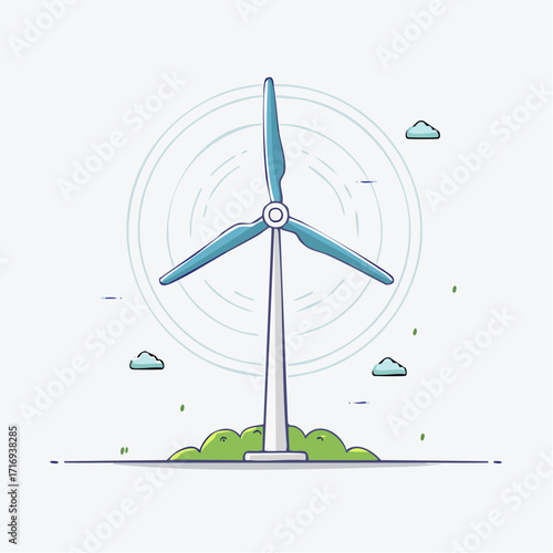 Eolienne, fond clair uni, nuages, verdure, écologie