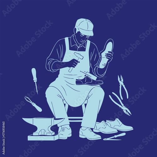 A skilled craftsman repairing a shoe using traditional tools while seated on a stool in a workshop environment