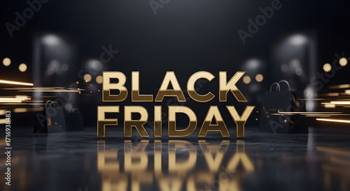 Dramatic Black Friday sale announcement with golden typography and blurred spotlight effects, promotional banner.