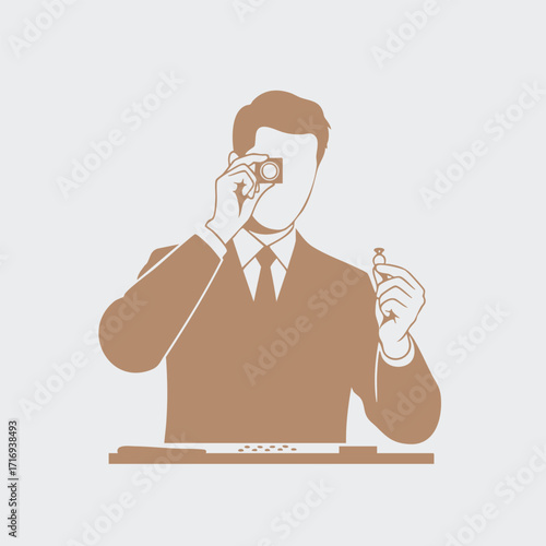 Illustration of a man in a suit examining a small object closely with a magnifying glass in a professional setting