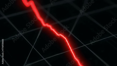 A red line is drawn on a black background. The line is long and thin, and it is moving downward. Concept of urgency or danger, as if something is happening or about to happen