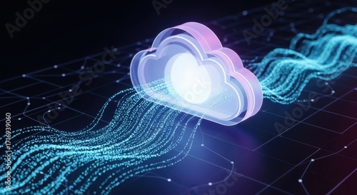 Modern cloud computing concept with vibrant neon lights for digital transformation