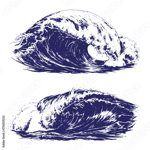 Elegant two vector illustrations of powerful crashing ocean waves with white foam