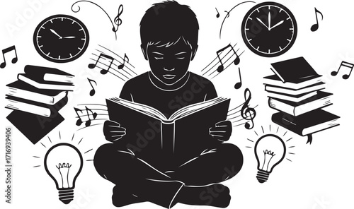 Child reading book with musical notes