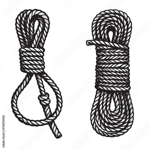 Hand drawn black and white ropes and knots illustrating strength and maritime design