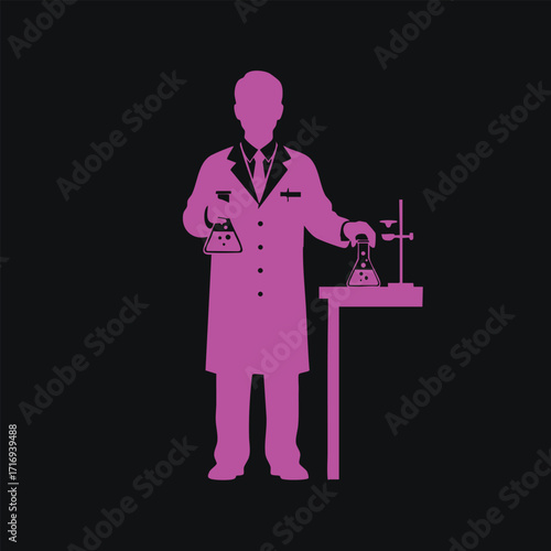 Silhouette of a scientist in a lab coat holding laboratory flasks and conducting an experiment on a black background