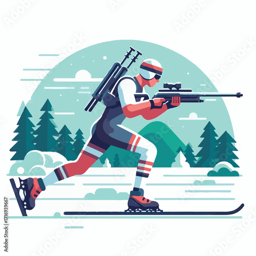 sport, biathlon, competition, winter, vector, snow, illustration, ski, athlete, skier, isolated, speed, man, action, background, activity, equipment, white, healthy, design, active, person, race, icon